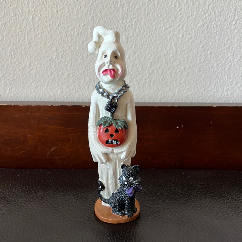 Vtg Halloween Ghost Figurine w/ Pumpkin Chain Necklace & Black Cat